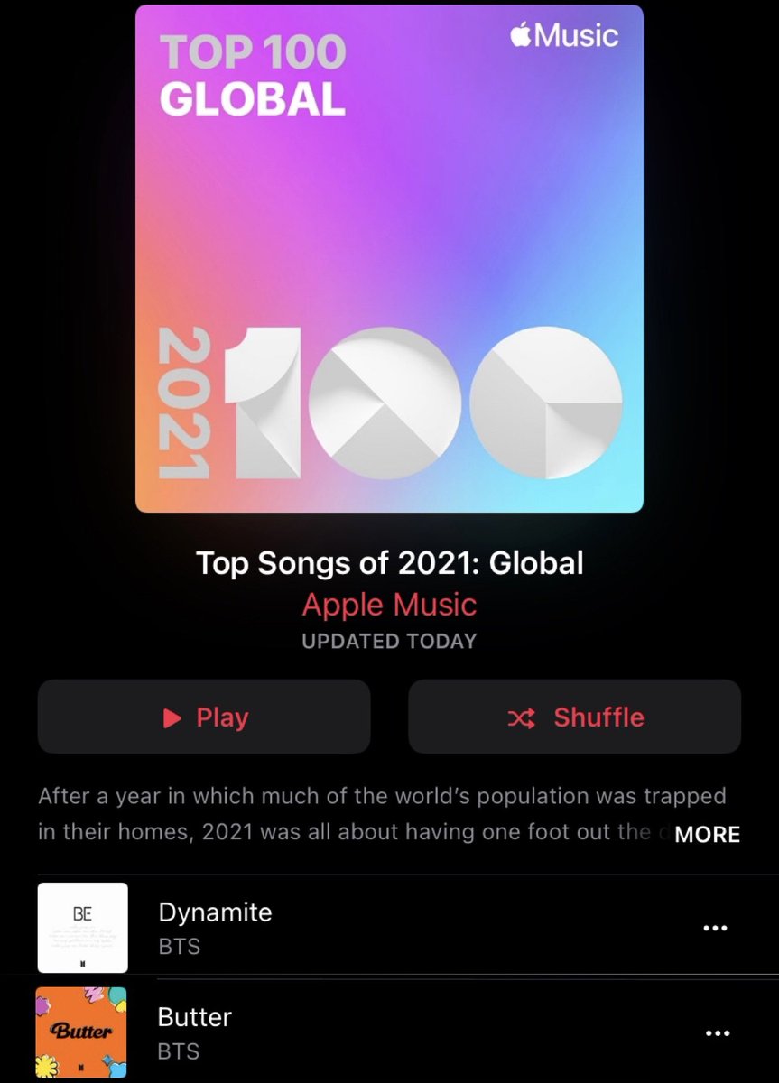 2 เพลงจาก <a href="/BTS_twt/">방탄소년단</a> ติดอันดับเพลงที่มียอดสตรีมจากทั่วโลกสูงสุดบน Apple Music ในปี 2021

#1 Dynamite
#21 Butter

* บันทึกข้อมูลตั้งแต่ 16 ต.ค. 2020 - 15 ต.ค. 2021

(music.apple.com/th/playlist/to…)