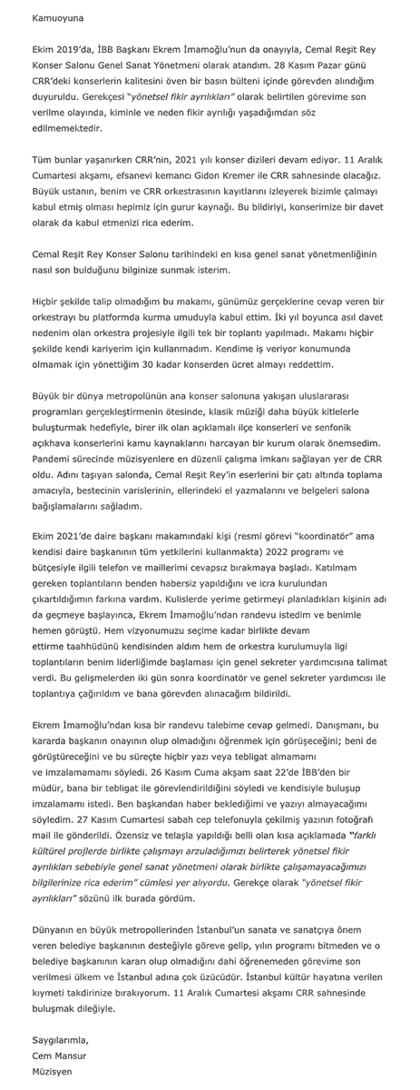 Cazkolik's tweet photo. DUYURU:
Cemal Reşit Rey Konser Salonu Genel Sanat Yönetmenliği görevinden alınan müzisyen ve orkestra şefi Cem Mansur'un görevinden ayrılma sürecine dair basın açıklamasını aşağıda okuyabilirsiniz. https://t.co/Ztglz9AJAj