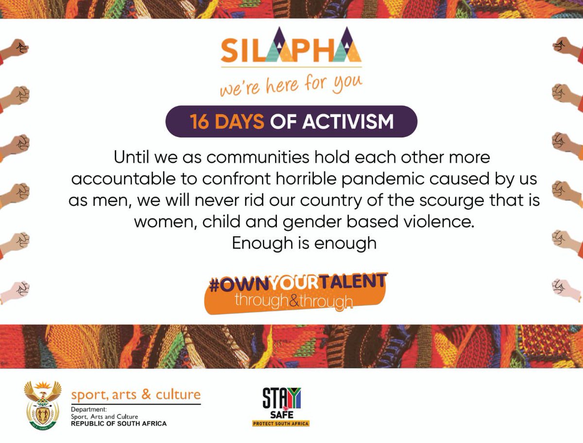 With so many women &amp; children making up so many of the amazing talents we love &amp; celebrate on the Arts, Sports &amp; Culture spaces, we stand fully behind #16DaysOfActivism campaign #EnoughIsEnough #Golekane #Kwanele #Silapha #WeAreHere @Silapha_ <a href="/SportArtsCultur/">Department of Sport, Arts and Culture</a>
