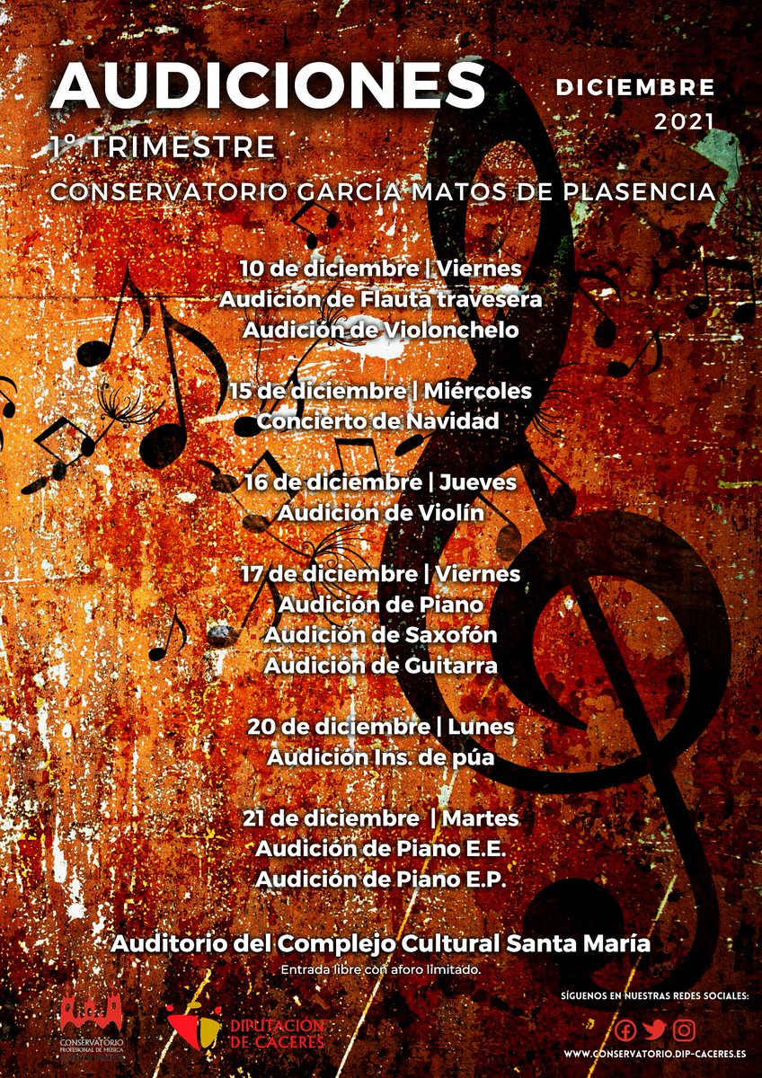 🎼Audiciones del primer trimestre del curso 2021/2022.

Entrada libre con aforo limitado.

#Plasencia #ConservatoriodelNortedeExtremadura #Música #Extremadura #Audiciones

conservatorio.dip-caceres.es/audiciones-1er…