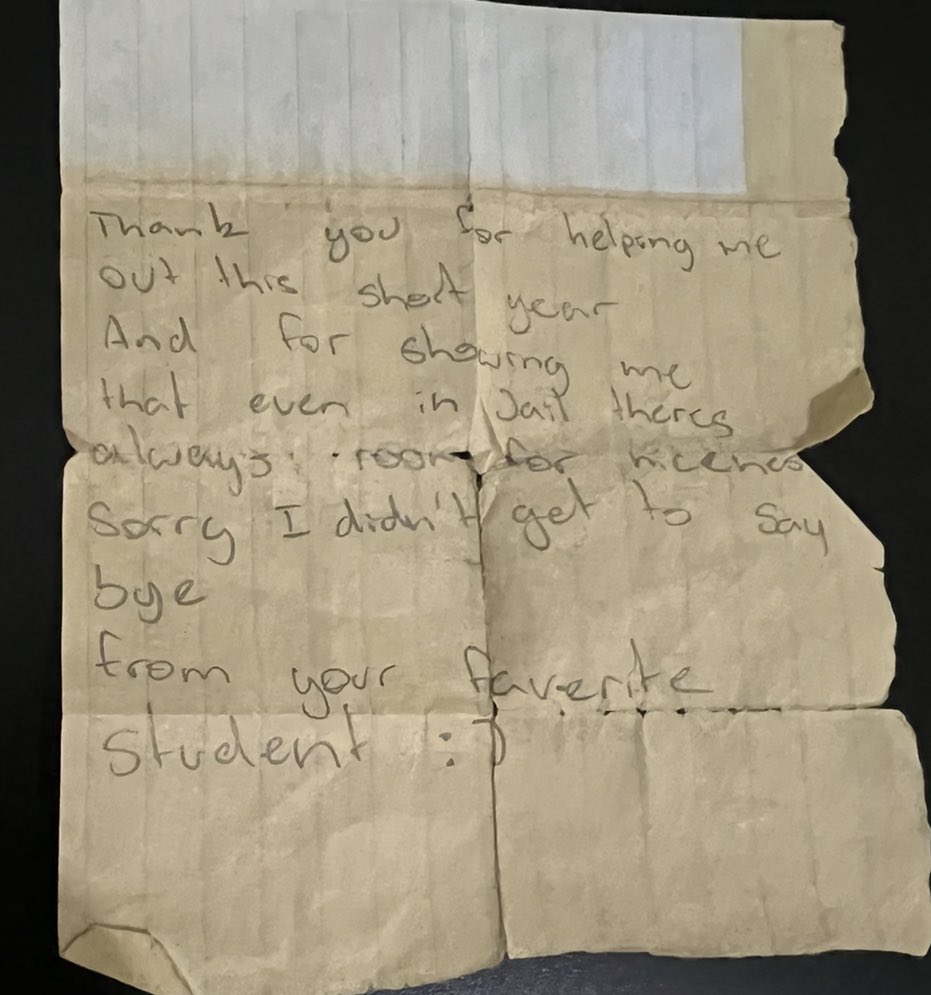 A reminder of the impact we don’t always see. The note is from a student on remand that most staff dismissed and refused to work with. No judgement; simply a promise to make the most of each class to ensure positive education outcomes <a href="/Gardner_Tim1/">Tim Gardner</a> <a href="/annie_delduca/">Anne Marie Del Duca</a> <a href="/MichelleSaid5/">Michelle Said</a>