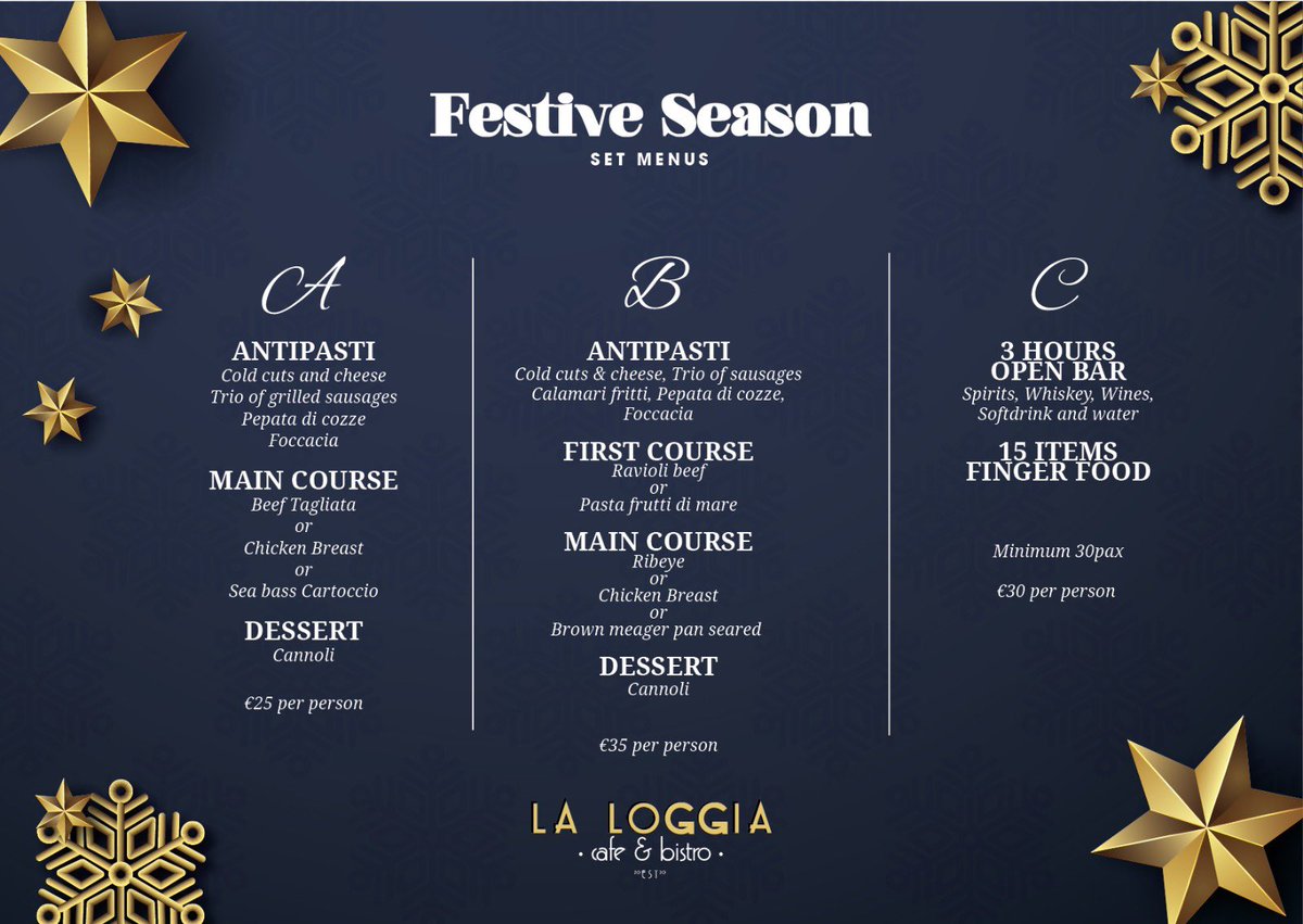 27Giljan's tweet photo. #laloggia #FestiveSeason #setmenus #letscelebrate #openbar https://t.co/ZgrxibHeJn