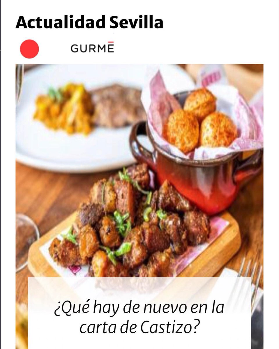 Qué hay de nuevo en la carta de @barracastizo_ ?

<a href="/gurmesevilla/">GURMÉ Sevilla</a> nos dedica un artículo haciendo referencia a nuestro cambio de carta y mencionando alguno de los platos que hemos incorporado 🍽.

El artículo al completo podéis leerlo en  sevilla.abc.es/gurme/actualid…