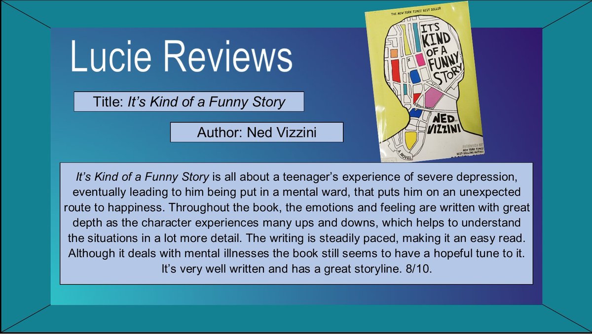 RochdaleLibrary's tweet photo. 📚 Lucie Reviews - It’s Kind of a Funny Story by Ned Vizzini 📚

Lucie had asked to #volunteer at Middleton Library at the start of 2020 - but Covid got in the way. Instead she has taken to reviewing her favourite books - and we’ll be posting them on our social media channels! https://t.co/tSVLLoSx6i