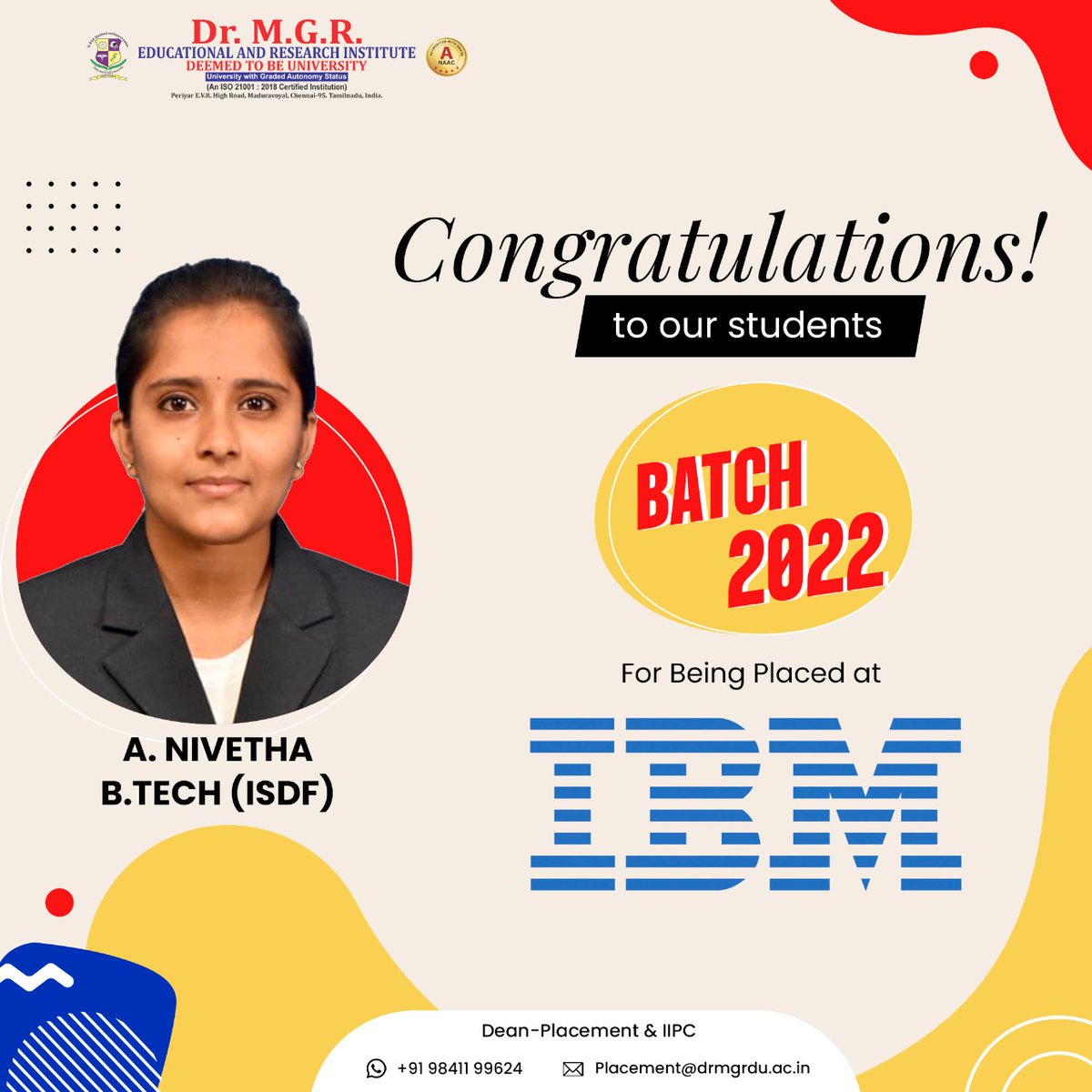 MgrUniversity's tweet photo. We are delighted and proud to announce that our students got placed in various companies.
We give our best wishes to all of you for a brighter future ahead!

#mgreri #placement #ibm #wipro #accenture #csscorp #job #jobs #career #collage #recruitment https://t.co/c3AdKCDfJE