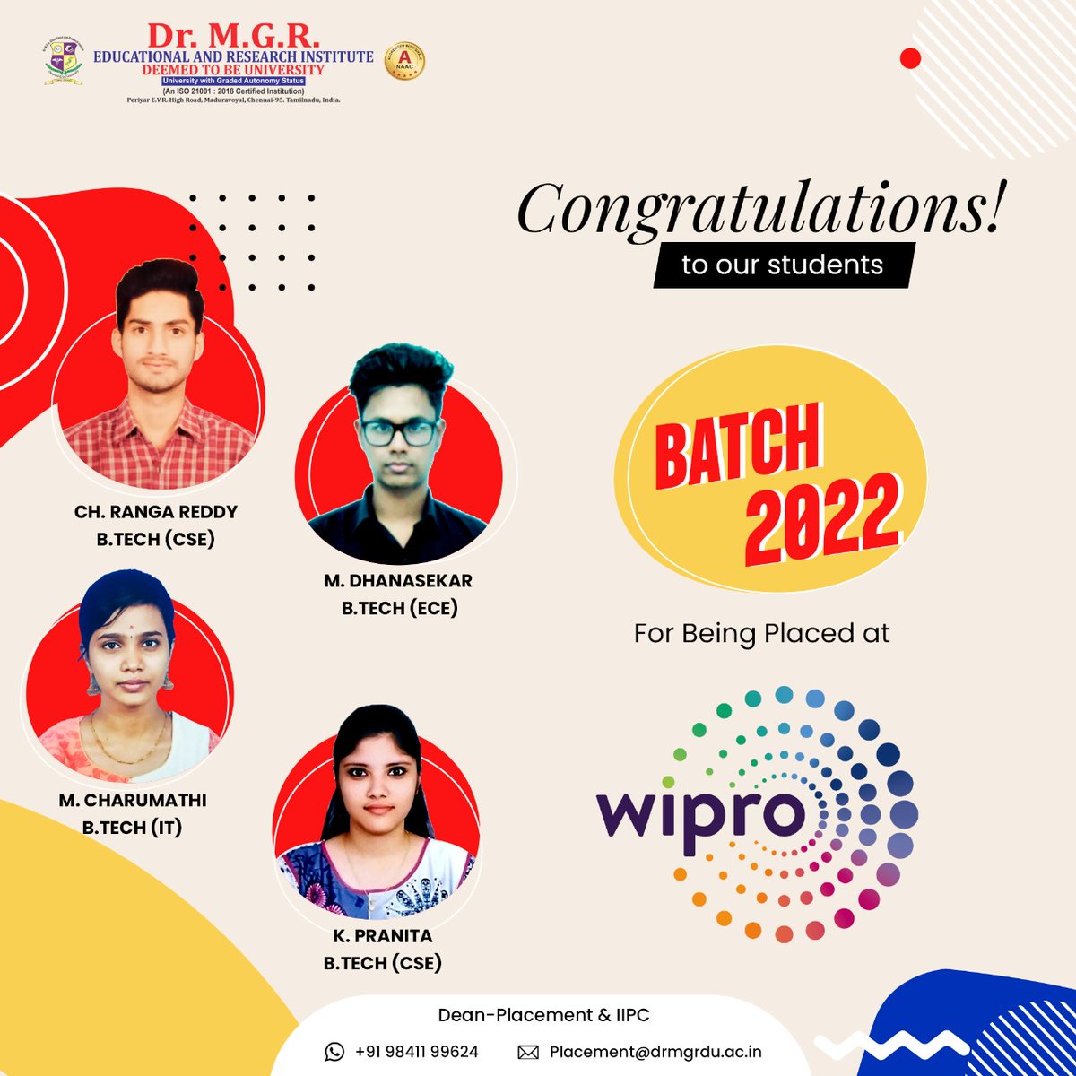 MgrUniversity's tweet photo. We are delighted and proud to announce that our students got placed in various companies.
We give our best wishes to all of you for a brighter future ahead!

#mgreri #placement #ibm #wipro #accenture #csscorp #job #jobs #career #collage #recruitment https://t.co/c3AdKCDfJE