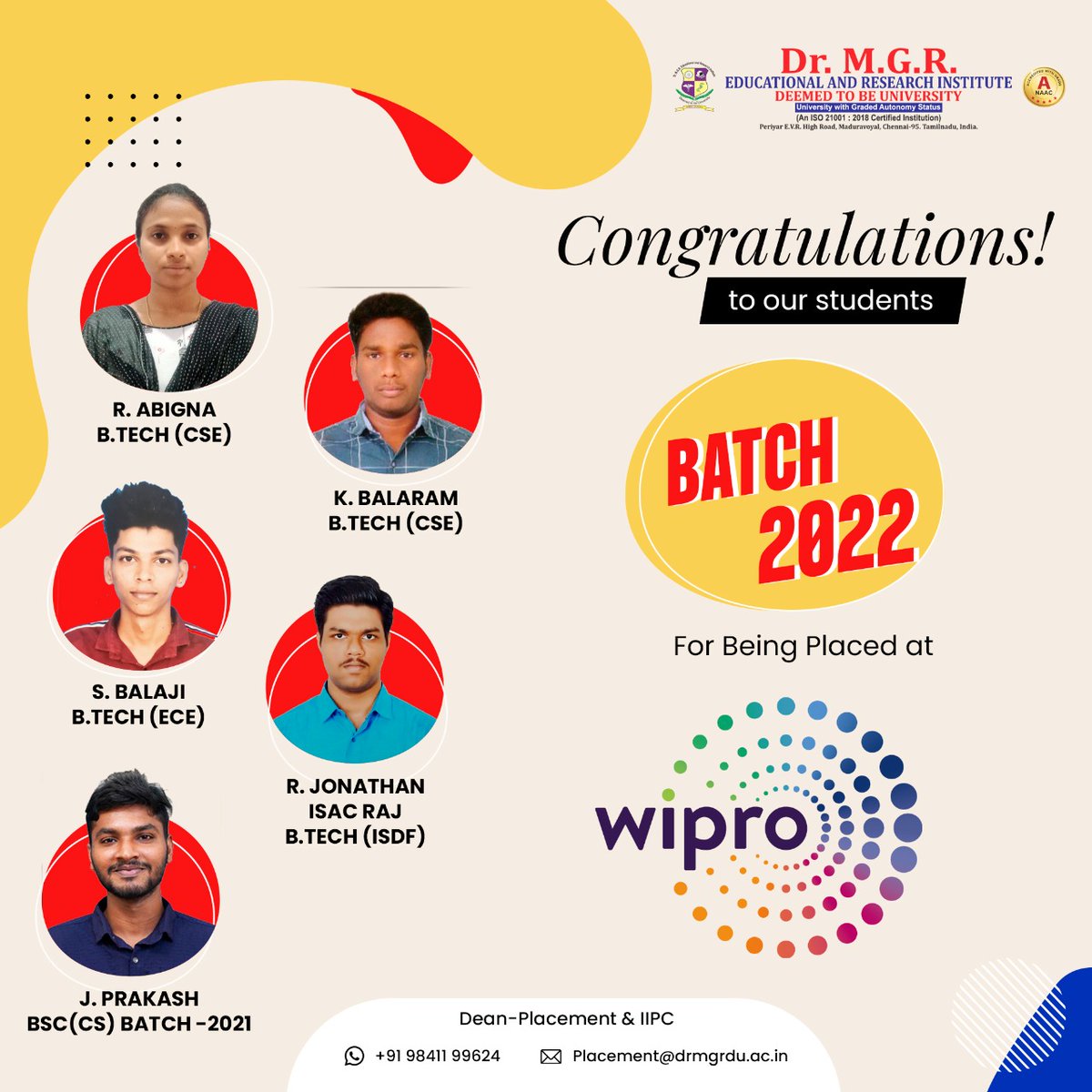 MgrUniversity's tweet photo. We are delighted and proud to announce that our students got placed in various companies.
We give our best wishes to all of you for a brighter future ahead!

#mgreri #placement #ibm #wipro #accenture #csscorp #job #jobs #career #collage #recruitment https://t.co/c3AdKCDfJE