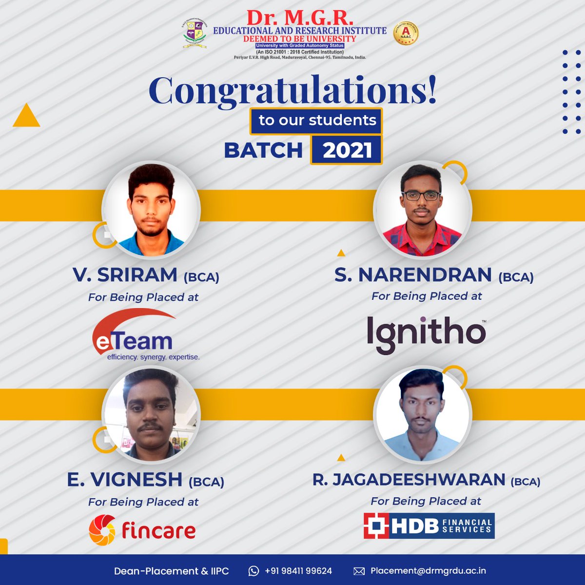 MgrUniversity's tweet photo. We are delighted and proud to announce that our students got placed in various companies.
We give our best wishes to all of you for a brighter future ahead!

#mgreri #placement #ibm #wipro #accenture #csscorp #job #jobs #career #collage #recruitment #hiring https://t.co/AjKgDrGs45