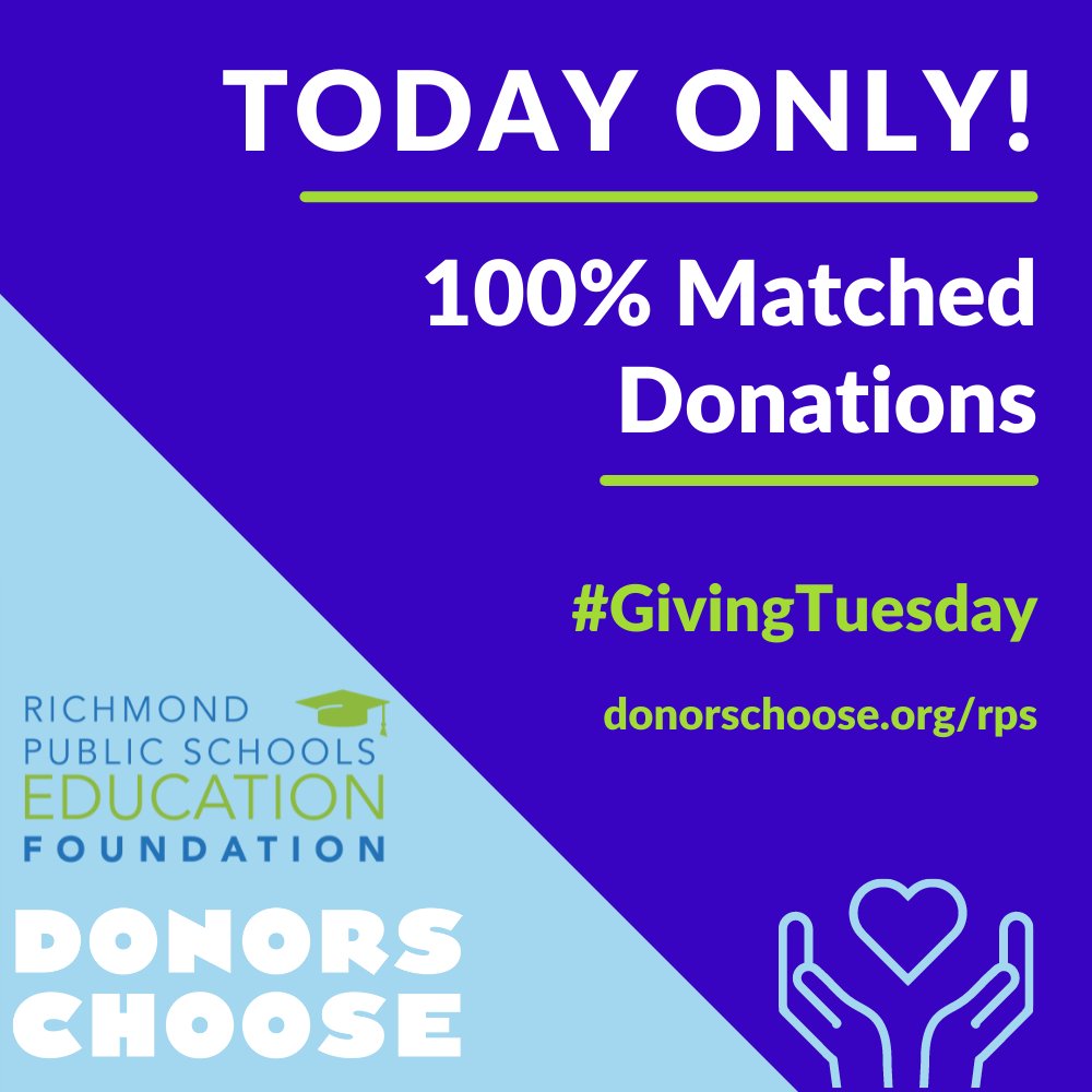 TODAY ONLY! Support RPS teachers by donating to a classroom project while donations are being 100% matched! That means if you donate $20, the RPS Education Foundation &amp; <a href="/DonorsChoose/">DonorsChoose</a> will together donate $20. Visit donorschoose.org/rps #WeAreRPS #GivingTuesday