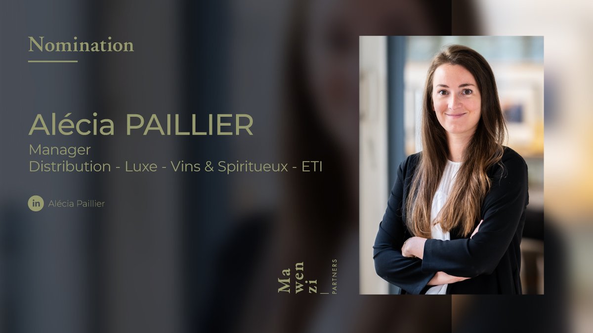 MawenziPartners's tweet photo. .@Aleciapaillier est nommée Manager chez @MawenziPartners 👏 
↪️ Sa mission : accompagner des projets de croissance dans les secteurs de la Distribution, du Luxe, des Vins &amp; Spiritueux #ETI. 
#MawenziTeam https://t.co/CzDGIsWnwM