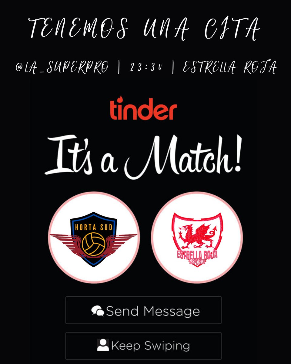 HortaSur's tweet photo. #MATCHDAY | Hemos recibido un #SuperLike

⚽️ @La_SuperPro 
🕙 23:30
⚔️ @EstrellaRojaES 

¿Habrá segunda cita?

#AmuntHortaSud https://t.co/lhLbsUb7J6