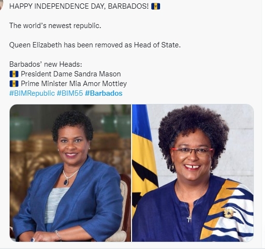 RussellsTranspo's tweet photo. Congratulations on becoming a #Republic @Barbados!
The 30th of November 2021 saw the beginning of #Barbados as the mistress of her own destiny, with #Dame #Sandra_Mason replacing #The_Queen as #Head_of_State, seen here with #PrimeMinister #MiaMottley.

See you soon #Barbados! https://t.co/Vc5WfL769q
