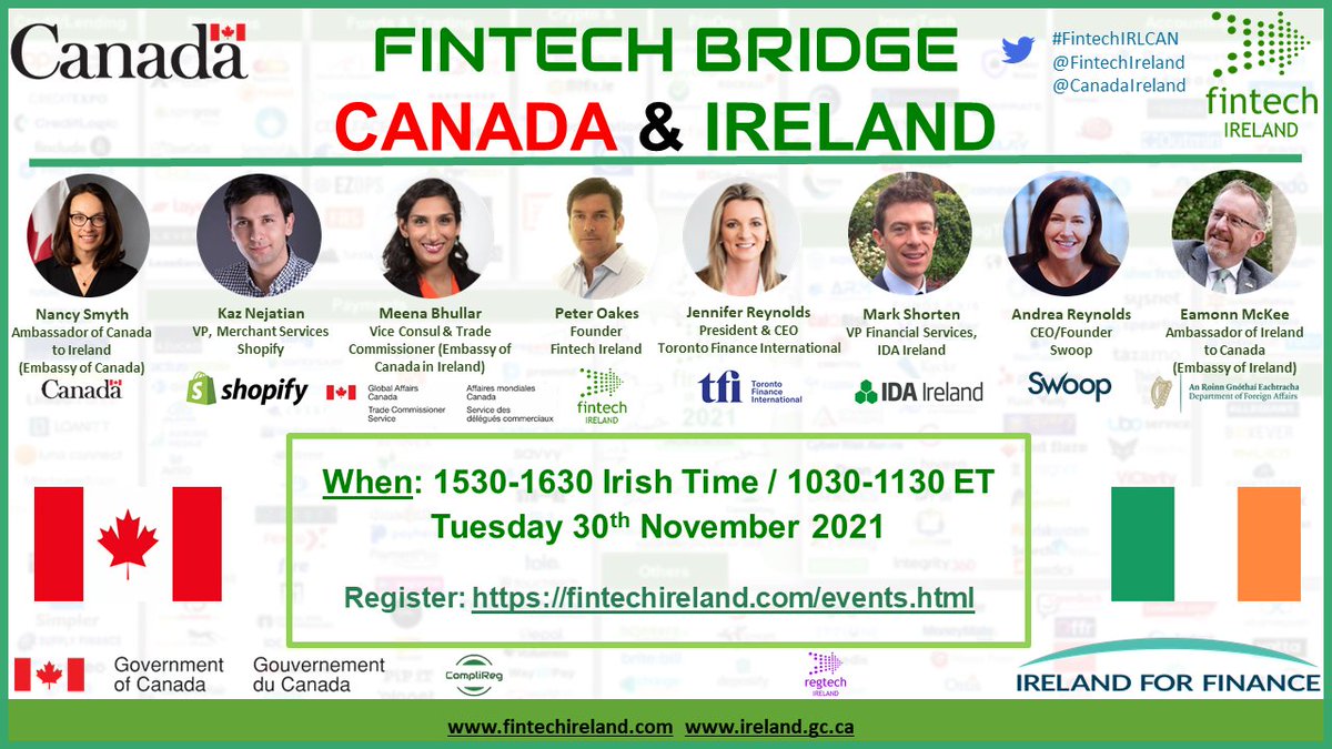 RegTechIreland's tweet photo. Check out this event by @fintechireland &amp; @canadaireland today Tues 30th November at 1030am ET / 330pm Irish time on the #FintechBridge between Ireland &amp; Canada. 

🇨🇦🌉🇮🇪

https://t.co/k3R64x7DeU https://t.co/7b4EjlAl6p