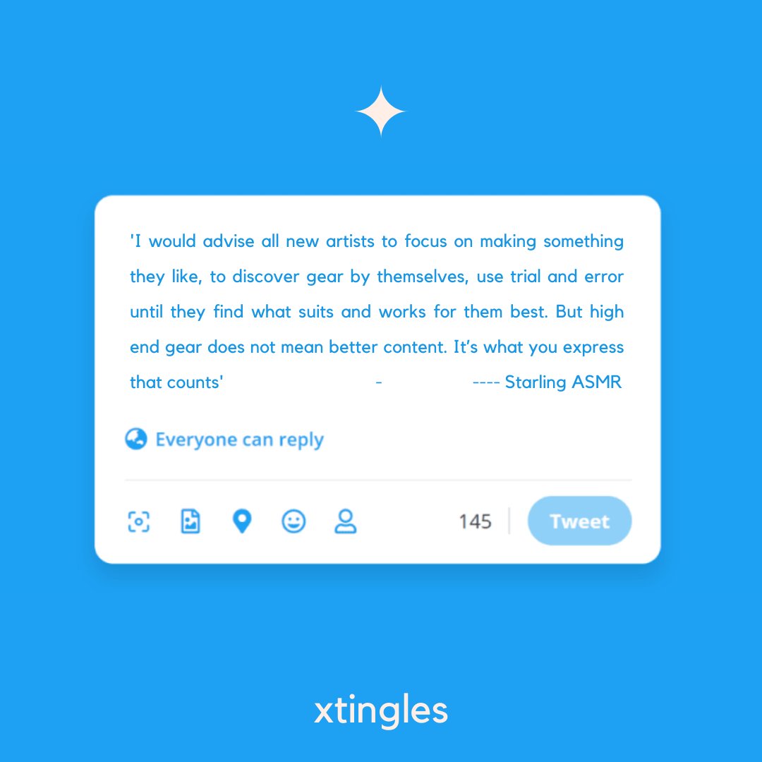 xtinglescom's tweet photo. Some great advise to new artists by Starling ASMR during our text interview with her.
Check out her channel below!
https://t.co/3Cq8fTL3br
@AsmrStarling
#asmr #asmrtalks #asmrcommunity https://t.co/DxAE3krb6V