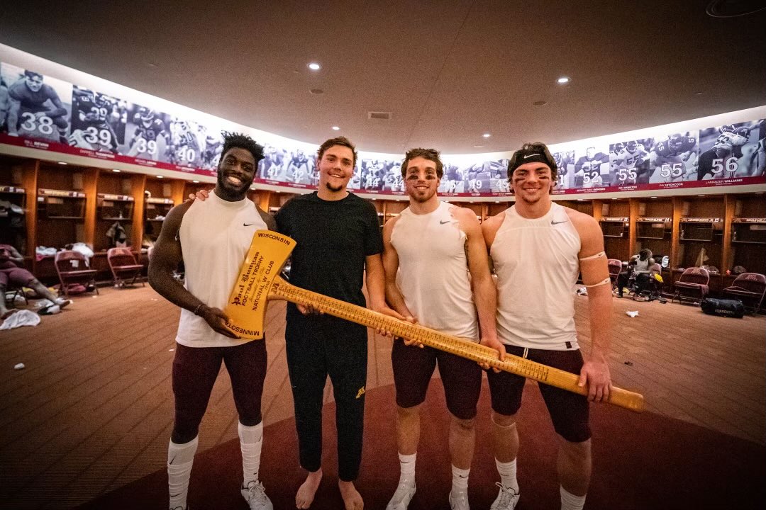 Charger Hoops’ ⁦<a href="/FinnessyLucas/">Lucas Finnessy</a>⁩ of ⁦<a href="/GopherFootball/">Minnesota Football</a>⁩ with the axe after a big win against the Badgers Saturday!  Way to go Lucas and team!!!!