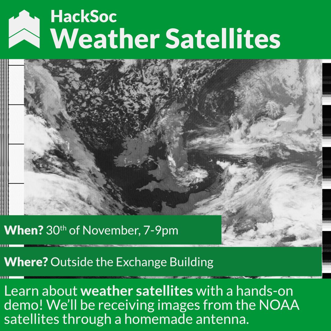 hacksocnotts's tweet image. Hey everyone!
Come along today to learn about weather satellites (this will definitely be very interesting based on the current weather in Nottingham!)
Please meet us outside the Exchange Building at 7pm.
See you all soon!