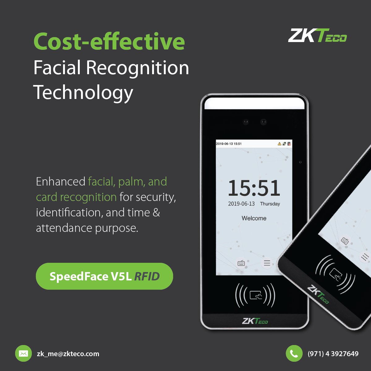 ZKTecoME's tweet image. Need a cost-effective time and attendance solution for your business? SpeedFace V5L [RFID] is an access control and time attendance terminal with enhanced facial, palm, and card recognition technology.

Read More: zkteco.me/product-detail…

#zkteco #touchlessbiometrics