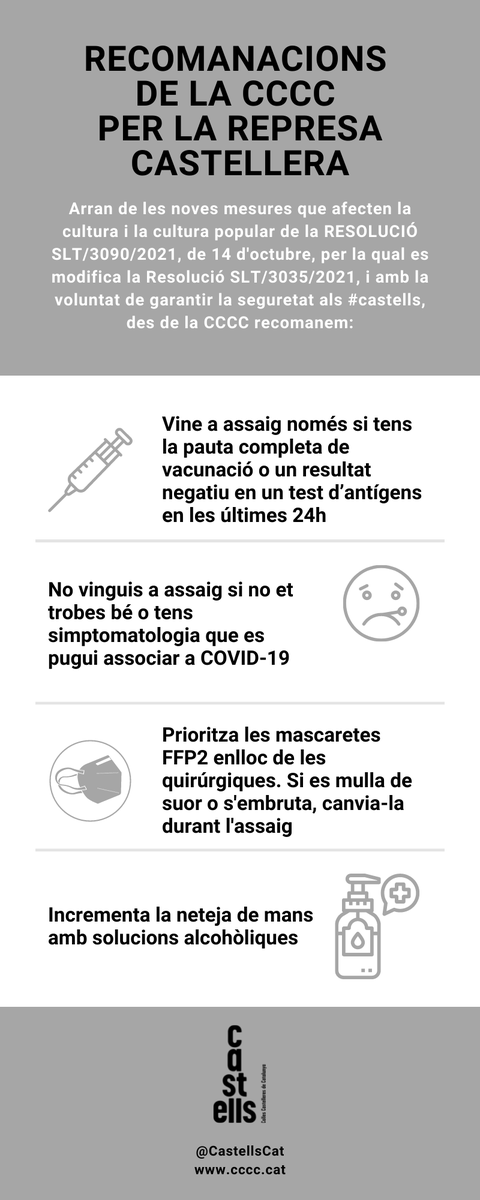 ‼️ CASTELLS A LA REPRESA.

Amb l’objectiu d’extremar la precaució i fer front activament a l’alerta sanitària que estem patint, recordem les recomanacions per garantir la màxima seguretat als #castells. 

#femcastellssegurs