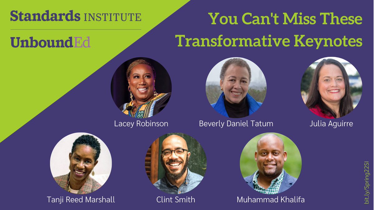 🗣️ Announcing our phenomenal keynote lineup for the Spring 2022 #StandardsInstitute! Join us from March 28 - April 1, 2022 - be transformed by <a href="/lacrob/">Lacey Robinson</a> <a href="/BDTSpelman/">Beverly Daniel Tatum</a> <a href="/JuliaAguirre23/">Julia Aguirre</a> <a href="/Remarsh76/">Tanji Reed Marshall, PhD</a> @SchoolEquityPro &amp; <a href="/ClintSmithIII/">Clint Smith</a> Register today: hubs.la/H0__c_00