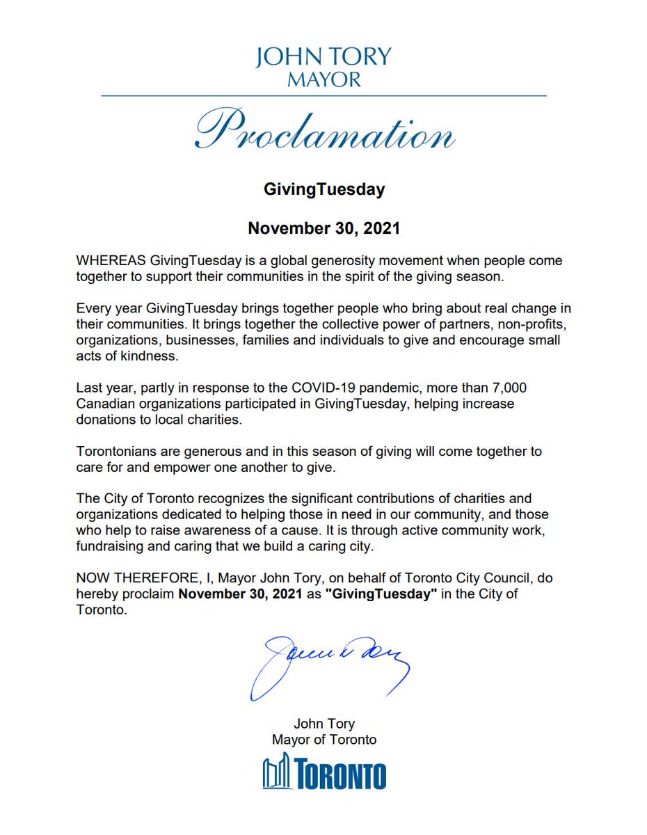 It's official! It's GivingTuesday Day in Toronto! #givingtuesdayca #givingtuesdayspark #torontogives <a href="/johntory/">John Tory</a> <a href="/torontosmayor/">John Tory</a>