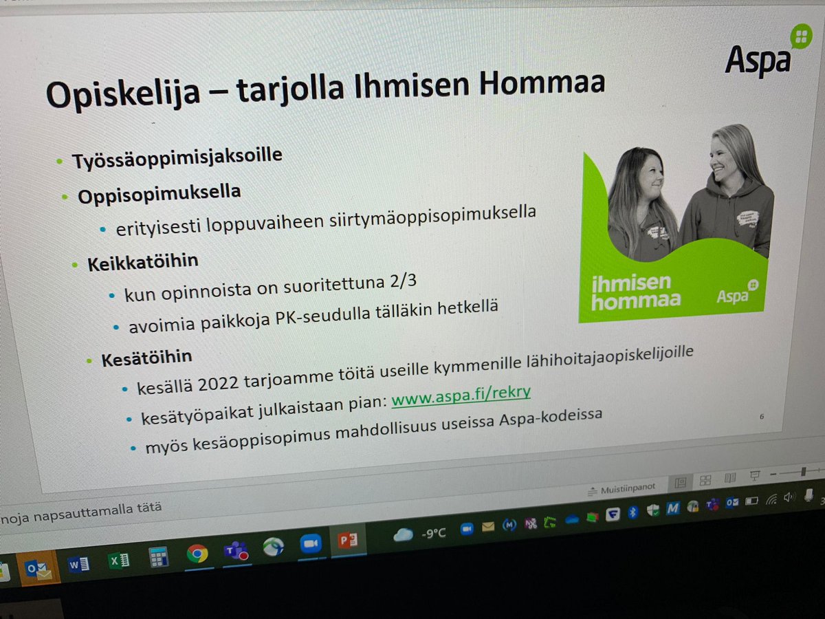 KananenMarika's tweet photo. Mukava aamupäivä tänään Varian virtuaalisessa rekrytapahtumassa. Tiinan kanssa kerrottiin opiskelijoille Aspasta (@Aspasaatio) ja meidän työmahdollisuuksista 🤩💚 Kiitos @VantaanVaria kun saimme olla mukana! #aspalainen #rekry #lähihoitaja https://t.co/5hU80akZ0i
