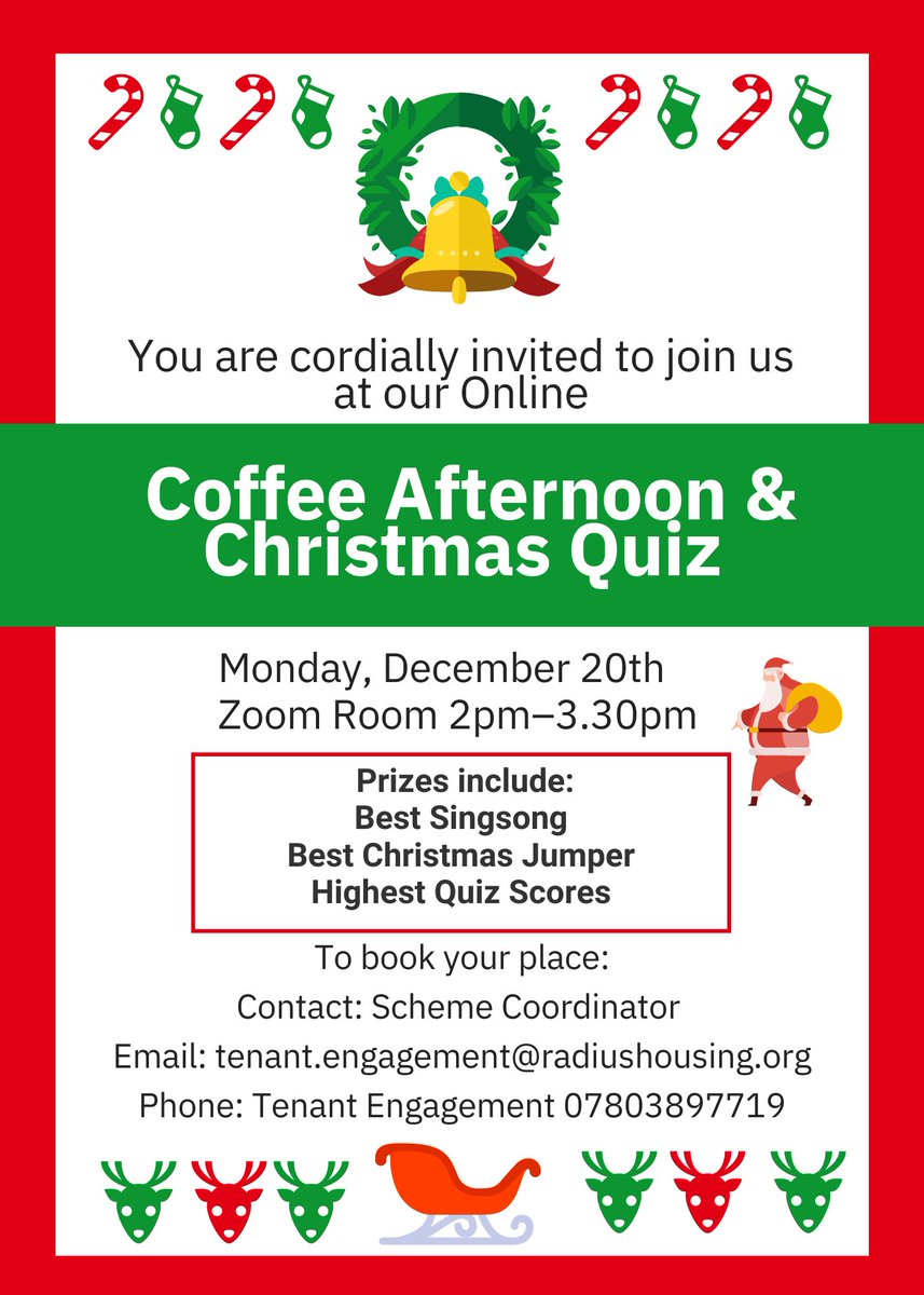 Join us for our virtual Coffee Afternoon &amp; Christmas Quiz taking place on 20th December 🎄🎅

If you are a Radius tenant and would like to book your place, email tenant.engagement@radiushousing.org or alternatively speak to your Scheme Coordinator.

#ChristmasQuiz