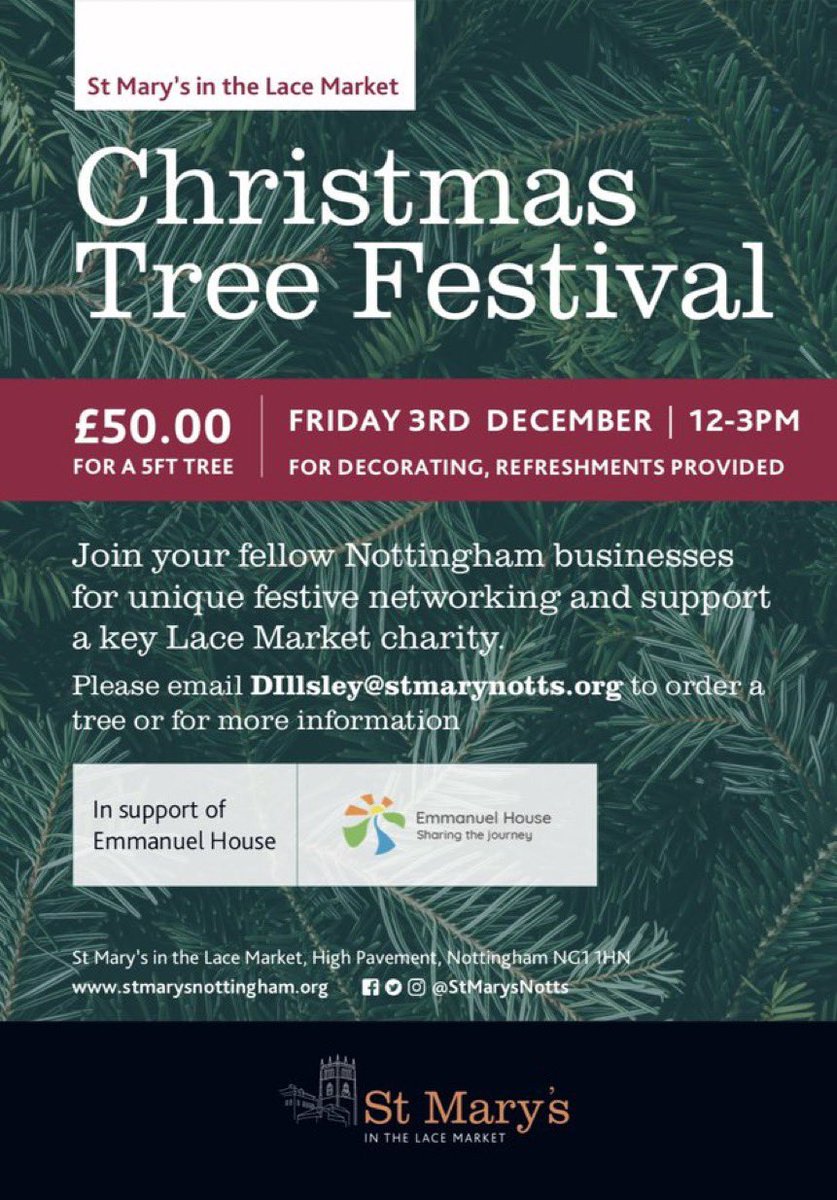 Spenbeck1981's tweet photo. It’s last orders for companies wanting to support @emmanuel_house_ by taking part in @StMarysNotts 🎄festival. Trees need to be ordered and paid for today please. Looking forward to joining our business friends for some decorating &amp; merriment this Friday. https://t.co/MsbBu9Mm4z