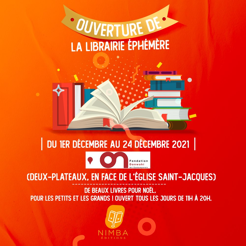 Nimba Editions ouvre une librairie éphémère spéciale Noël à la Fondation Donwahi! 
Chouette non? La course au cadeau idéal est lancée dès ce mercredi 01 décembre!
Vous y trouverez tous vos titres Nimba préférés. Avec Nimba, Noël est encore plus Magique.
#noel2021 #nimbaeditions