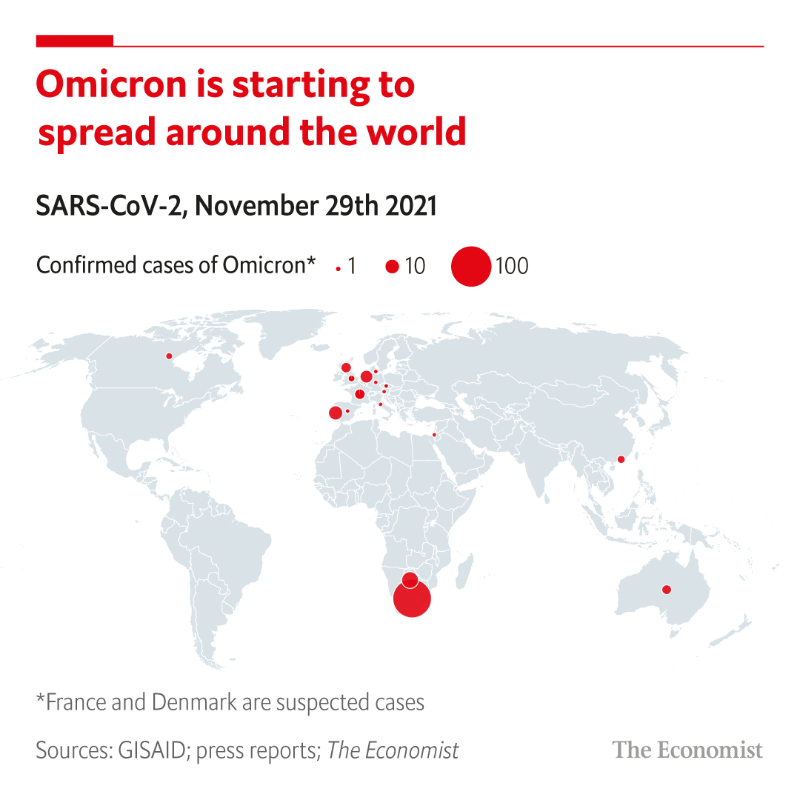 TheEconomist's tweet photo. There was lots of potential for Omicron to have made its way to Europe before more severe restrictions were imposed this weekend.

Will Omicron be more or less virulent than the Delta variant? Read more here 👇