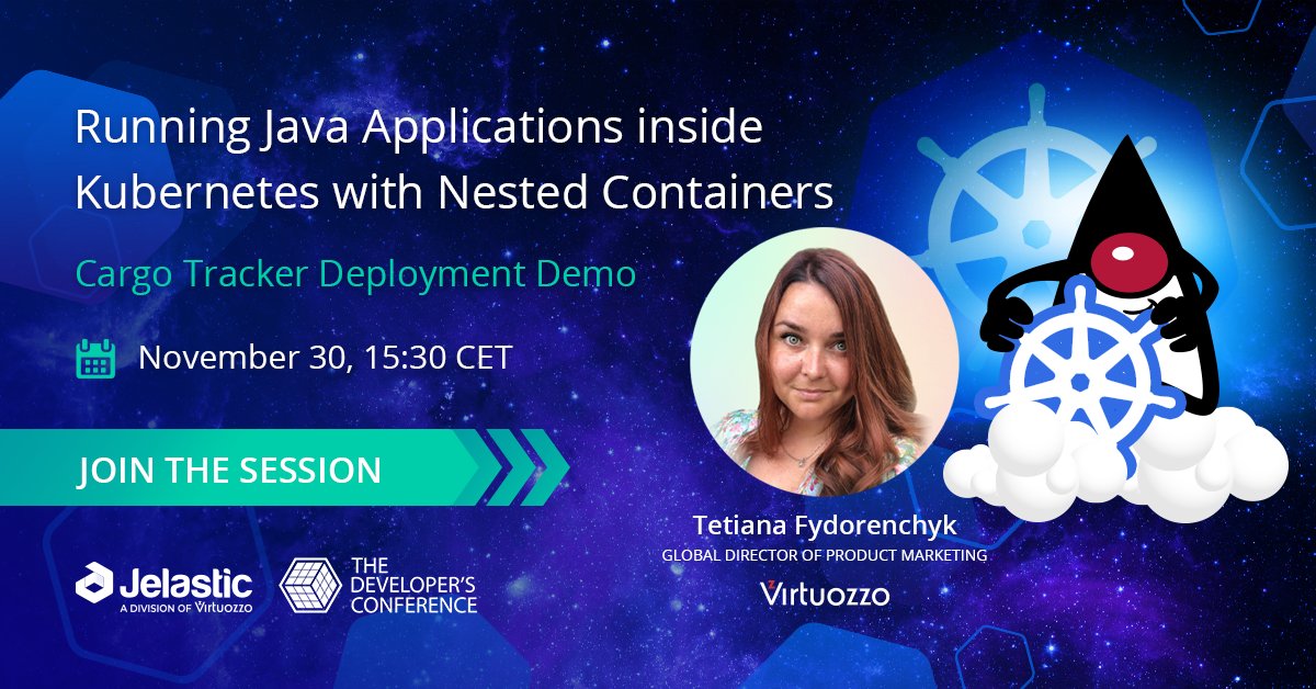 Jelastic's tweet photo. Join us at @TheDevConf Find out how to run your @JakartaEE projects in @kubernetesio cluster with nested container architecture. @tetiana_ftv will demonstrate peculiarities of #CargoTracker deployment to #Kubernetes
https://t.co/3giI4ctDLN @ECDTools @jee_ambassadors @EclipseFdn https://t.co/6YGlcN7Ie4