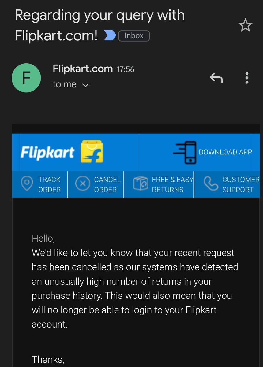smsir's tweet photo. @Flipkart @flipkartsupport  if u make returns even as per their policy they will block u, what a pathetic service. https://t.co/eFy3wYo58L