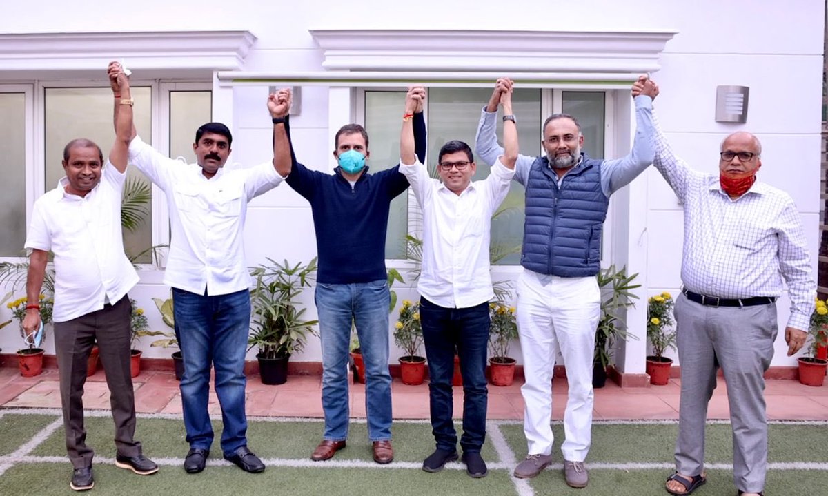 VijaiSardesai's tweet photo. Met Shri @RahulGandhi along with my colleagues @prasadgaonkr13 and @vinod_palyekar. We agreed to fight resolutely, wholeheartedly and unitedly on behalf of the people of #Goa to end the utterly corrupt, incompetent and undemocratic reign of @BJP4Goa #ChalYaFuddem! https://t.co/E1hZ1QYjic