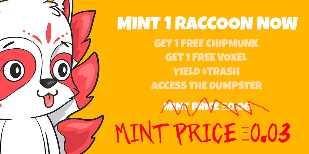 LookAtMyRaccoon's tweet photo. 🚨 MINT PRICE ANNOUNCEMENT 🚨

You guys are showing us so much love and we're thinking the price is an actual issue.
So we decide to drop down the mint price to 0.03 and let you grabb more Raccoons !

First time buyers check discord announcement !

https://t.co/0usLYrv9Vk https://t.co/MtjG3LzZmq