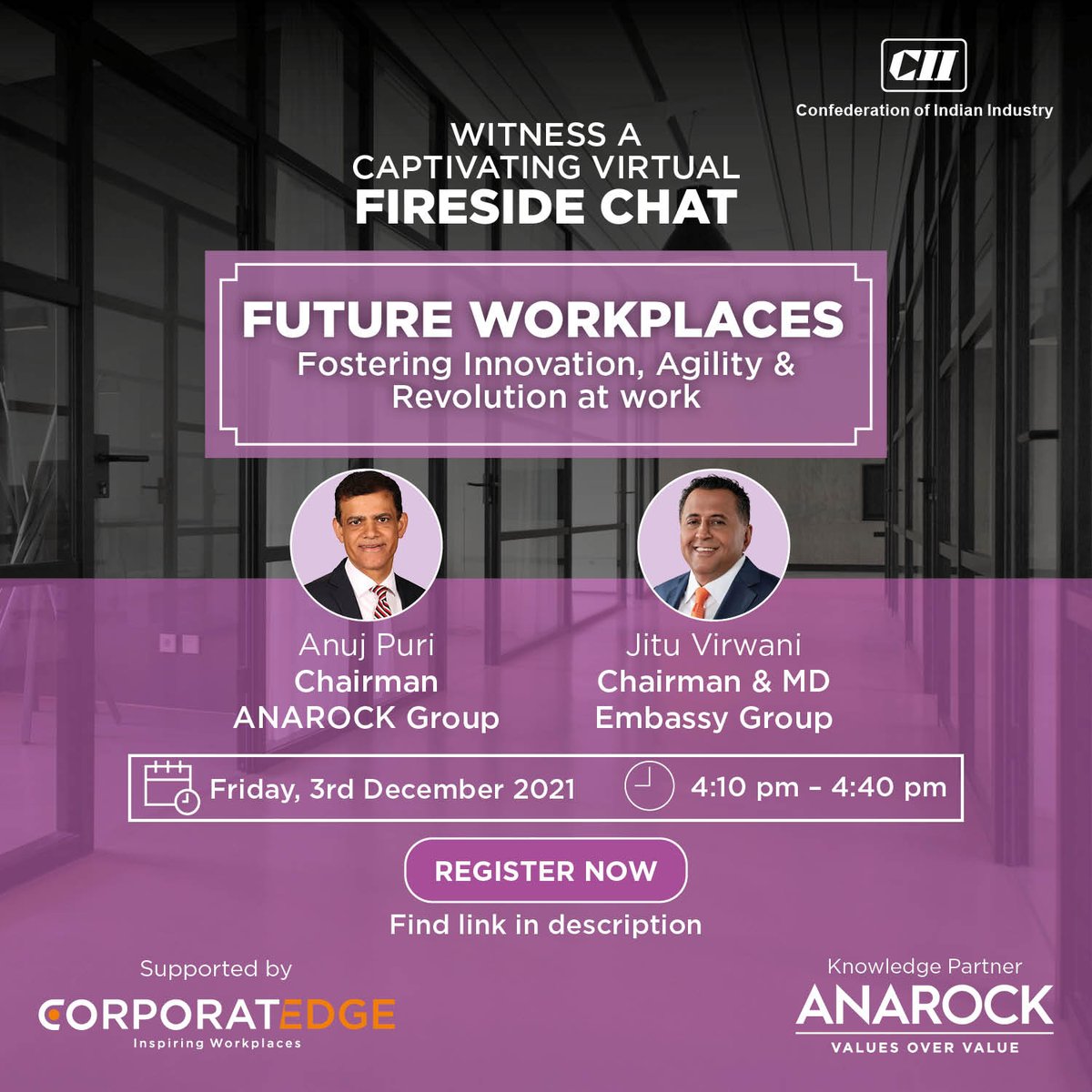 ANAROCK's tweet photo. Witness @TheAnujPuri and Jitu Virwani, Chairman & MD, @Embassy Group engage in an insightful #FiresideChat on the Future of Workplaces. Click here to register: https://t.co/WGJuZde1R1
@FollowCII #ANAROCKxCII #workspacesolutions #registernow #UpflexIndia #flexiworkspaces https://t.co/qdwnXdV50D
