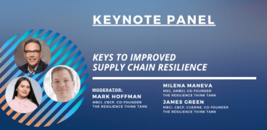 TheJamesGreen's tweet photo. Very excited to be a part of the @ContinuityRT keynote on Thursday with two of my @ResilienceTT Co-Founders: @MilenaM_MM and @mhoffman_cbcp !

Where do #resilience, #businesscontinuity, &amp; #SupplyChain intersect? Join us to find out: https://t.co/uEabFE99vN

#resiliencethinktank https://t.co/HSLVEZsa34
