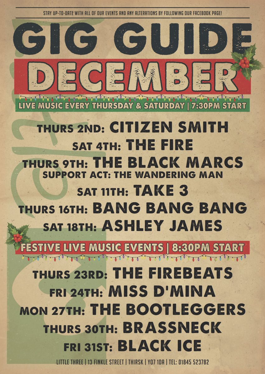 Little_3_Thirsk's tweet photo. 🎄🎼DECEMBER LIVE MUSIC🎼🎄

We have a tremendous line up for you this month, perfect for getting you into the festive spirit! This week we’re kicking off with:

Citizen Smith - THURSDAY
then…
The Fire - SATURDAY 

Not to be missed!! 🎸🎤

#thirsk #thirsklivemusic #realale https://t.co/Empo4Ulqyp