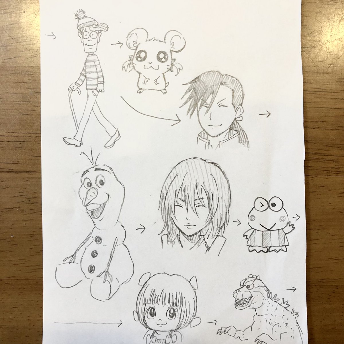 最初は記憶で描いて笑う事が目的だった母との絵しりとり(1枚目)、いつの間にか「資料検索OK」「時間掛けて描いてOK」というルールが追加されて 本気の絵しりとりへと進化しました 