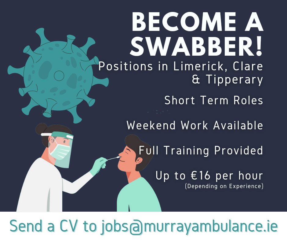MurrayAmbulance's tweet photo. Limerick, Clare and Tipperary we're looking for swabbers! Full training provided! https://t.co/Oaf6LracNN