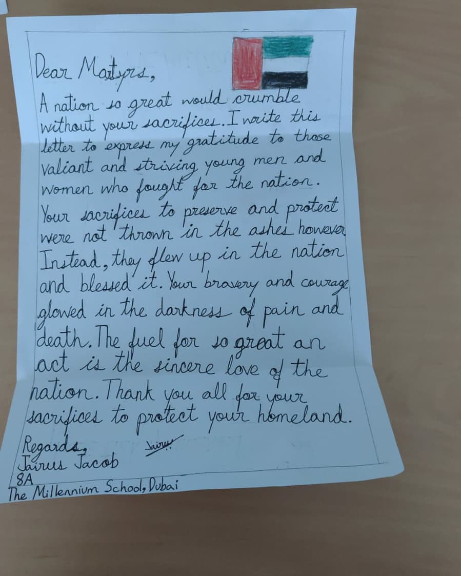 tmsdubai's tweet photo. At TMS Commemoration Day was marked by writing letters to martyrs, making posters and having discussions in class on the significance of their sacrifice and patriotism. 
@AmbikaGulati 
@KHDA 
@GEMS_ME https://t.co/R6kgn2lYlu