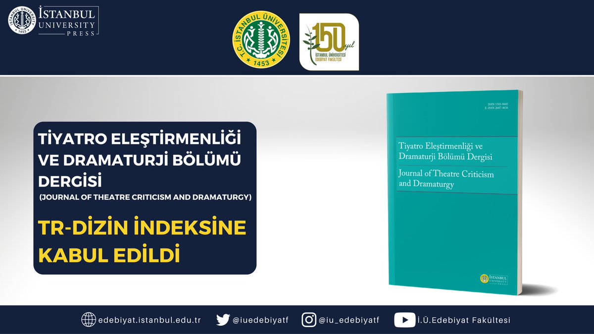 📢Bölümümüz tarafından yayınlanan ve birçok üniversite tarafından uluslararası alan indeksi olarak tanınan MLA International Bibliography’de taranan dergimiz Ulakbim TR-Dizin indeksine kabul edildi! #tiyatroeleştirmenliğivedramaturji #ulakbimtrdizin