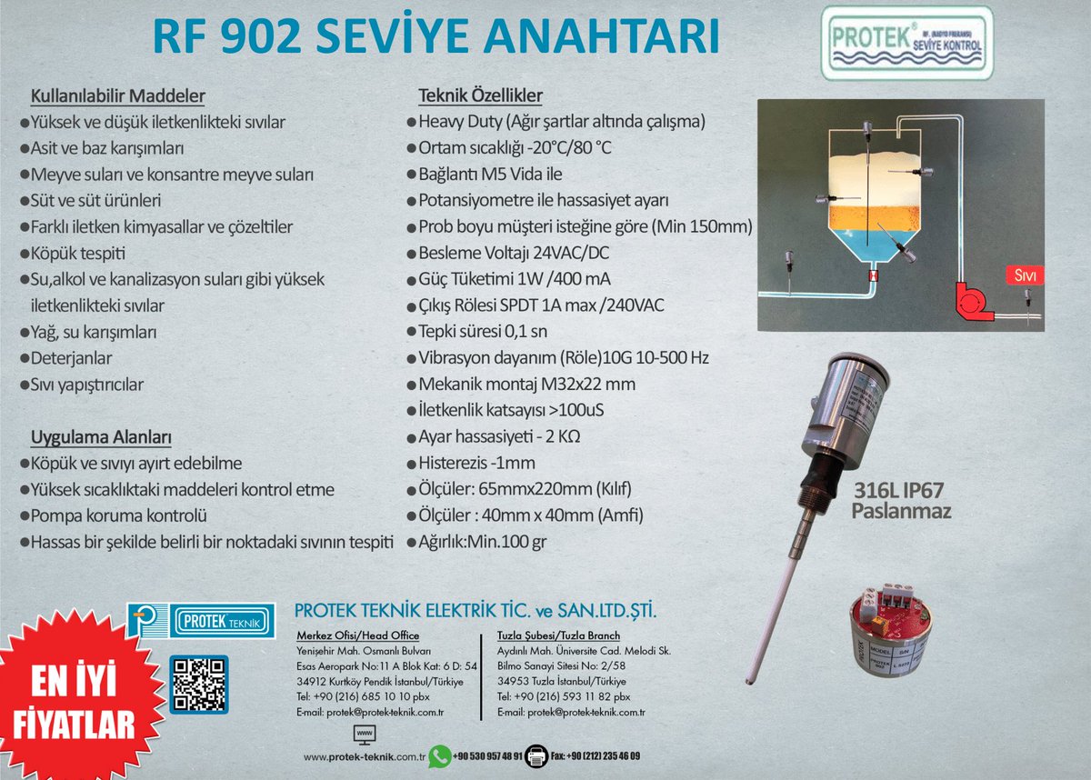 PROTEK RF 902 Seviye Anahtarı ürünümüzü gördünüz mü??👀👀

Ağır şartlar altında çalışma imkanı!
Köpük ve sıvıyı ayırt etme!
Yüksek sıcaklıktaki maddeleri kontrol etme!
Pompa koruma kontrolü! ve daha bir çok özelliği tek bir üründe sunuyoruz.