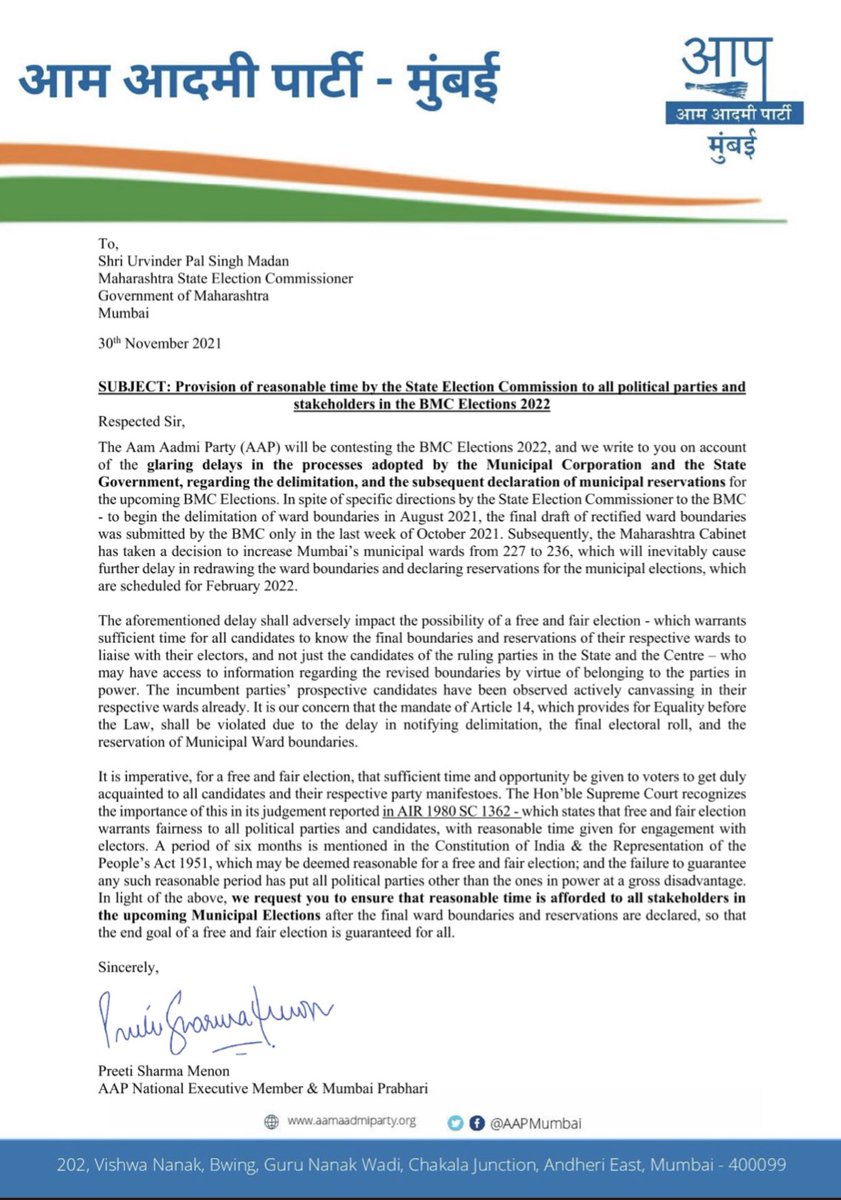 AAPMumbai's tweet photo. AAP Mumbai Prabhari @PreetiSMenon, submitted a letter to SEC, demanding that reasonable time be afforded to all candidates and voters in the upcoming #BMCElections2022. The SEC's delays in declaring reservation and delimitation will compromise the election! https://t.co/N9axw9r2WW