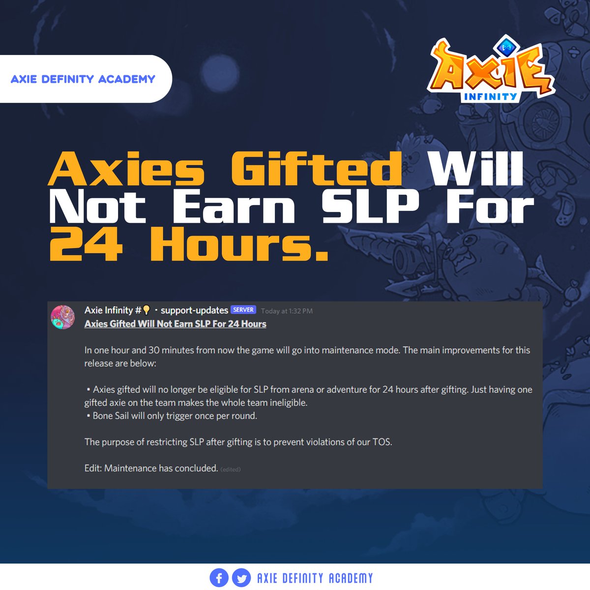 DefinityGG's tweet photo. 🟠Axies Gifted Will Not Earn SLP For 24 Hours.
Source: Axie Infinity Discord Server
#AXIE #SLP #AxieInfinity #AxiesUpdates #AxieScholar #AxieDefinity https://t.co/r1RbyI6zbp
