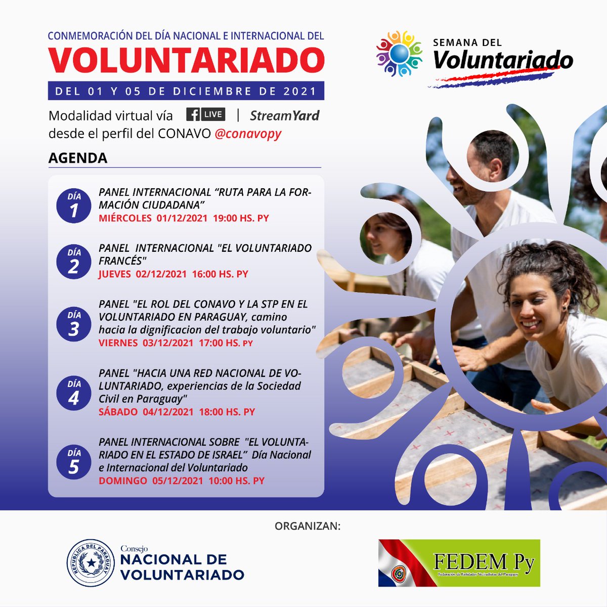 ConavOpy's tweet photo. [AGENDA] “CONMEMORACION DEL DIA NACIONAL E INTERNACIONAL DEL VOLUNTARIADO”
01 al 05 de diciembre del 2021

Te presentamos la agenda de la semana con las diferentes disertaciones a cargo de invitados nacionales e internacionales
¡Te esperamos! 👇🏽
#CONAVOpy #Paraguay #Voluntariado https://t.co/40hDNbThHJ