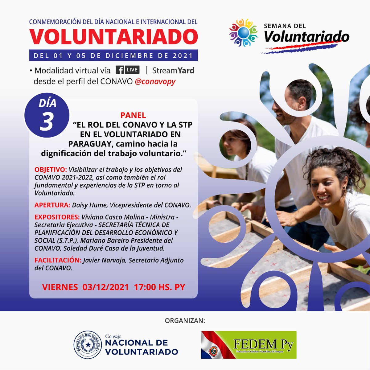 ConavOpy's tweet photo. [AGENDA] “CONMEMORACION DEL DIA NACIONAL E INTERNACIONAL DEL VOLUNTARIADO”
01 al 05 de diciembre del 2021

Te presentamos la agenda de la semana con las diferentes disertaciones a cargo de invitados nacionales e internacionales
¡Te esperamos! 👇🏽
#CONAVOpy #Paraguay #Voluntariado https://t.co/40hDNbThHJ