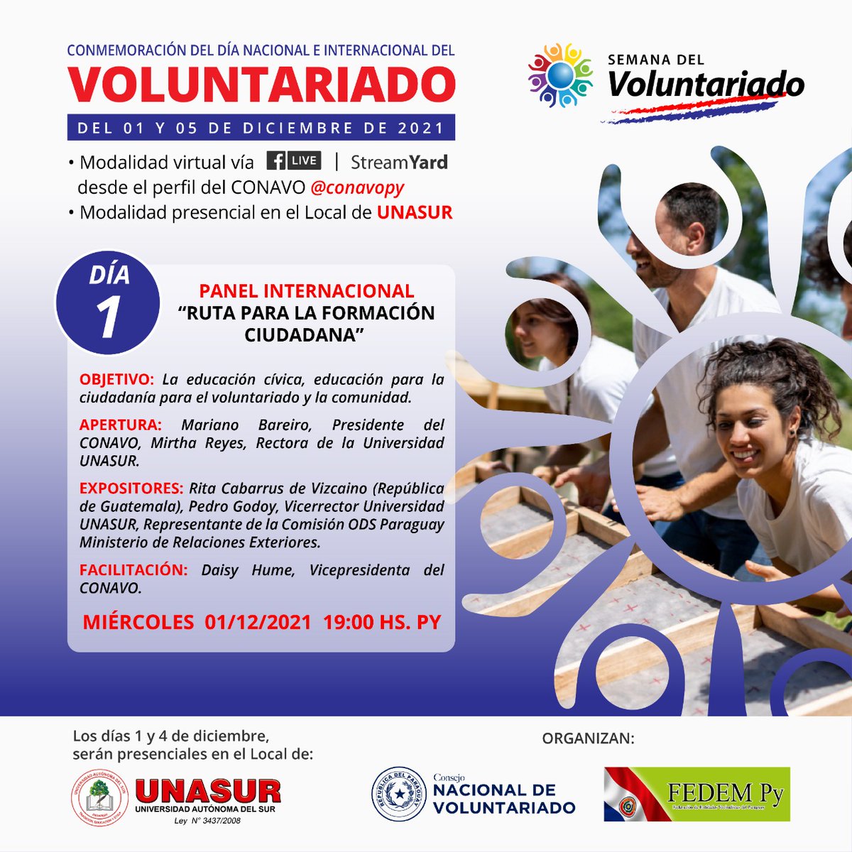 ConavOpy's tweet photo. [AGENDA] “CONMEMORACION DEL DIA NACIONAL E INTERNACIONAL DEL VOLUNTARIADO”
01 al 05 de diciembre del 2021

Te presentamos la agenda de la semana con las diferentes disertaciones a cargo de invitados nacionales e internacionales
¡Te esperamos! 👇🏽
#CONAVOpy #Paraguay #Voluntariado https://t.co/40hDNbThHJ