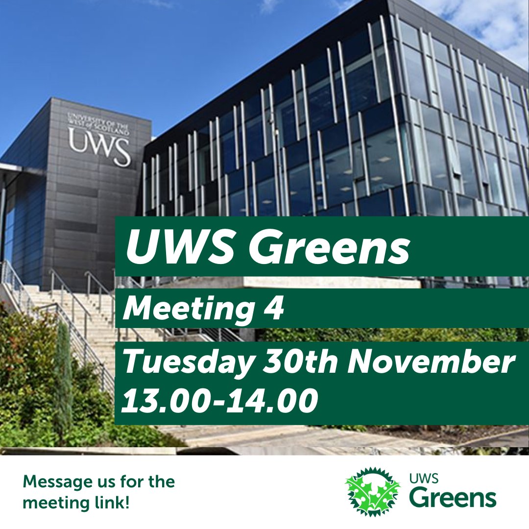 Our next meeting is starting soon!

📅 Tuesday 30th November 2021
🕕 13:00-14:00
💻 Online - DM us for the meeting link!

New members always welcome! Open to all UWS students with a passion for everything Green! 💚