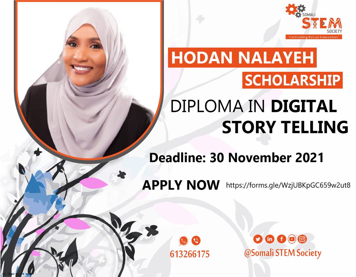 SomaliSTEM's tweet photo. Final reminder to apply Hodan Nalayeh Scholarship for Digital Story Telling (Digital Creative Media)
Click here to apply now:
https://t.co/Bh5DtLFgLI #WomenInSTEM #DigitalStoryTelling #Tech #DigitalCreativeMedia @HodanTV @IntegrationTV @HanoAcademy @DrSadiyoSiad https://t.co/N4Ex93jUe4