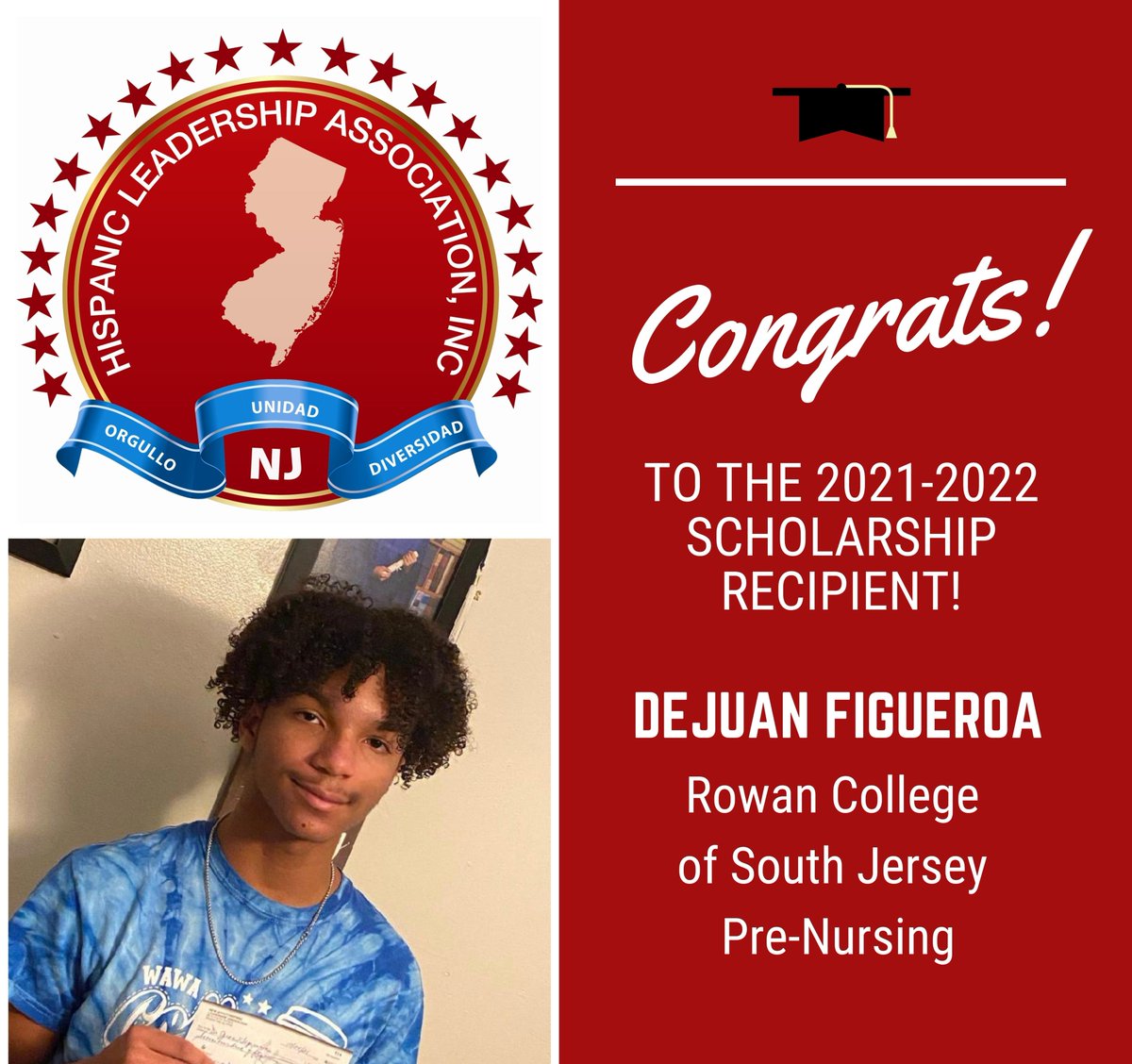 The Hispanic Leadership Association of New Jersey congratulates the 2021-2022 academic year scholarship recipient, DeJuan Figueroa! We look forward to watching you progress through your chosen field of study and wish you every success with your future studies. #HLANJ
