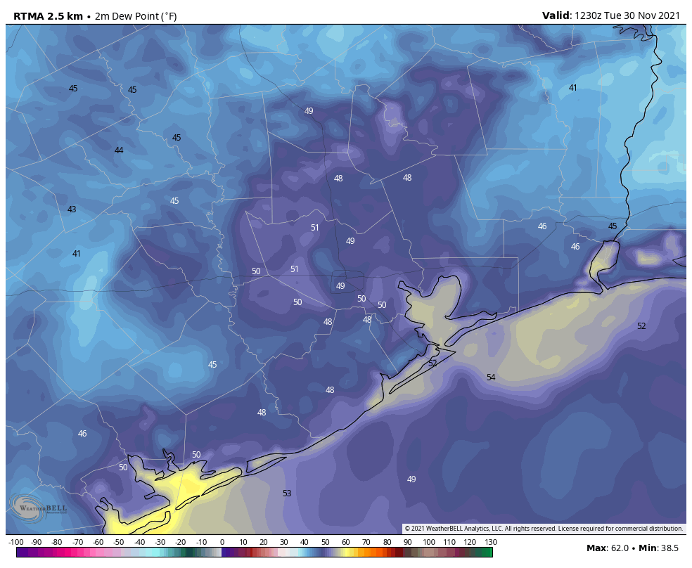 SpaceCityWX's tweet photo. Temperatures have generally fallen into the 40s across the region this morning, and this has brought them down near dewpoints. Parts of Houston, therefore, are experiencing radiation fog. It should soon burn off. 

https://t.co/JSjNh9fnyG https://t.co/LqzXxyWMXl